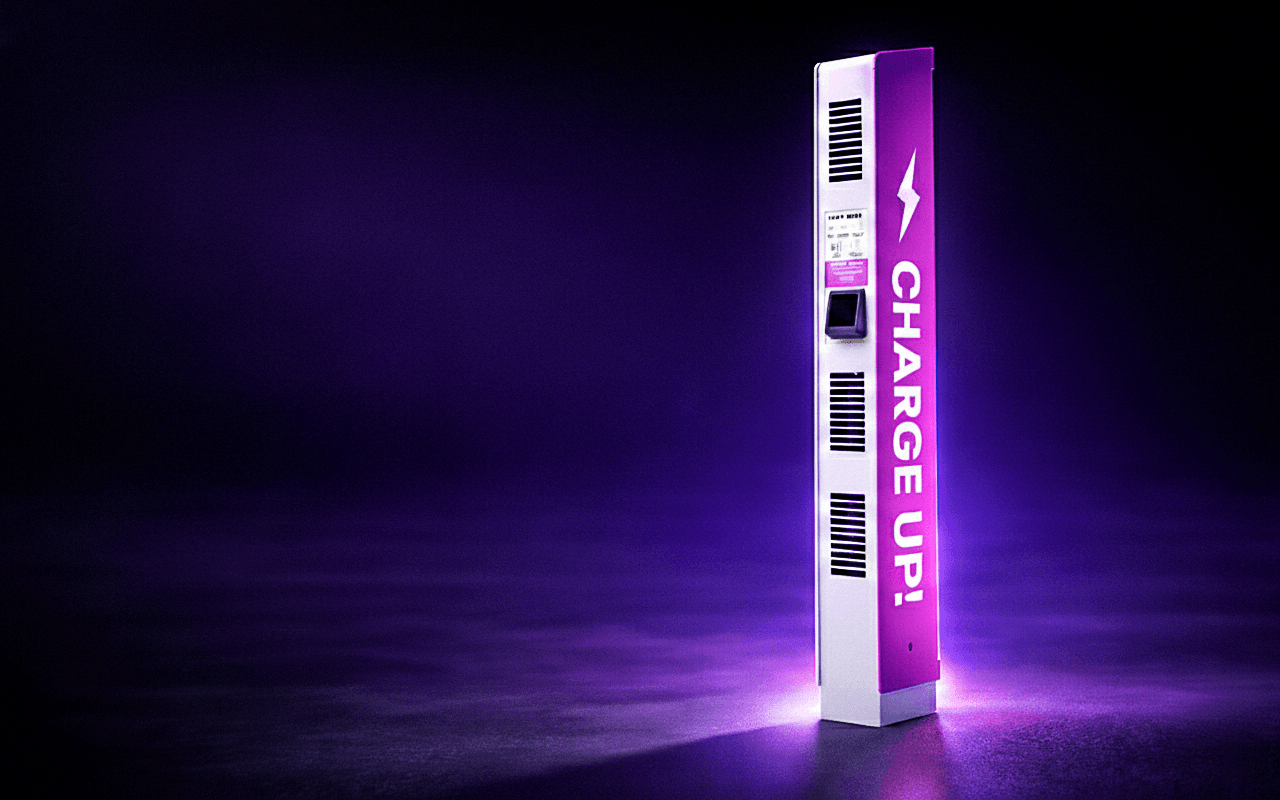 Chargerent charging station with vibrant purple glow